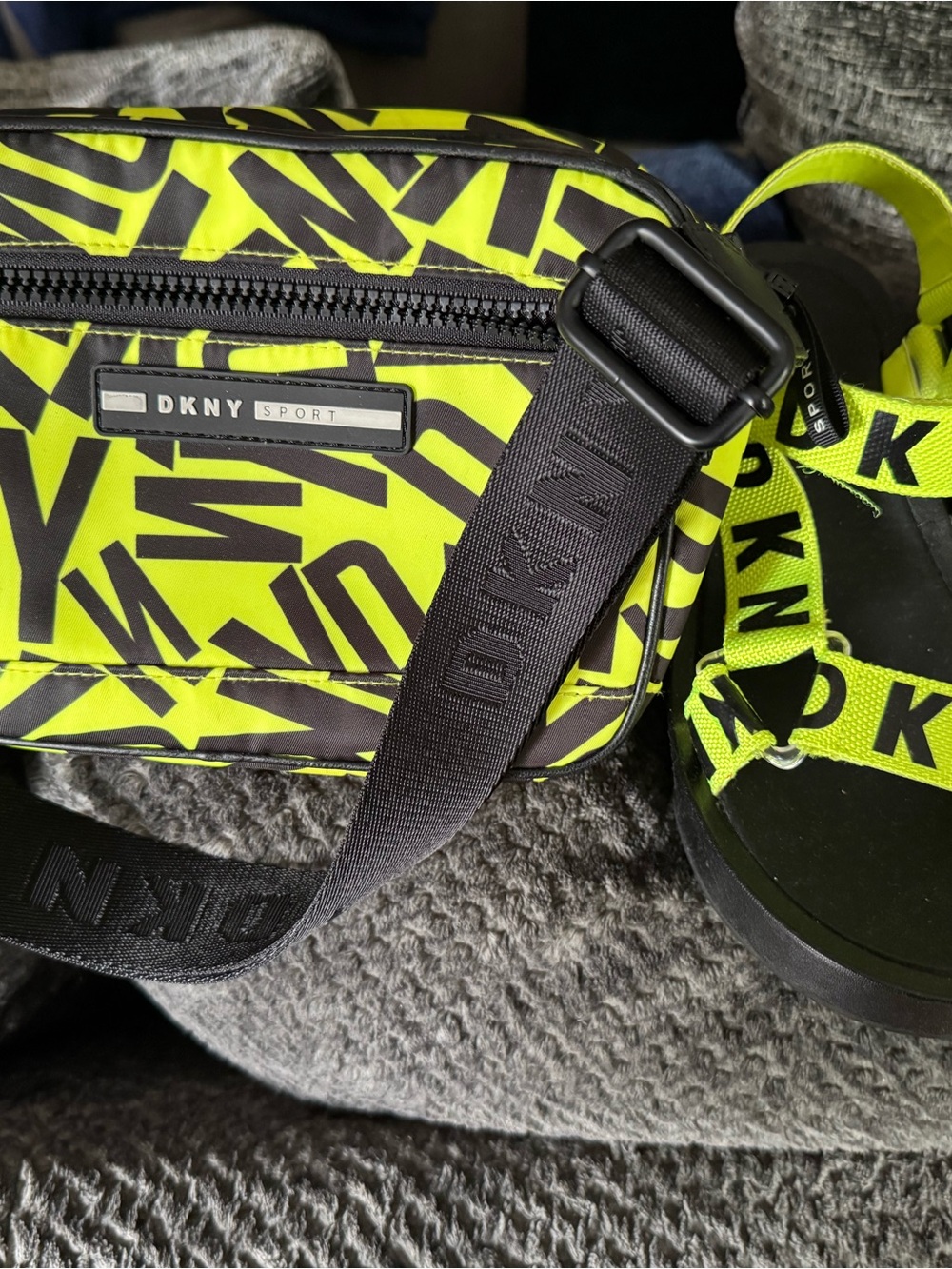Dkny Neon Yellow and Black Logo Belt Bag with matching shoes